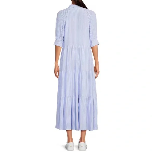 A Loves A Pinstripe Print B Tiered Waistless Midi Shirt Dress Size Medium - Picture 2 of 11